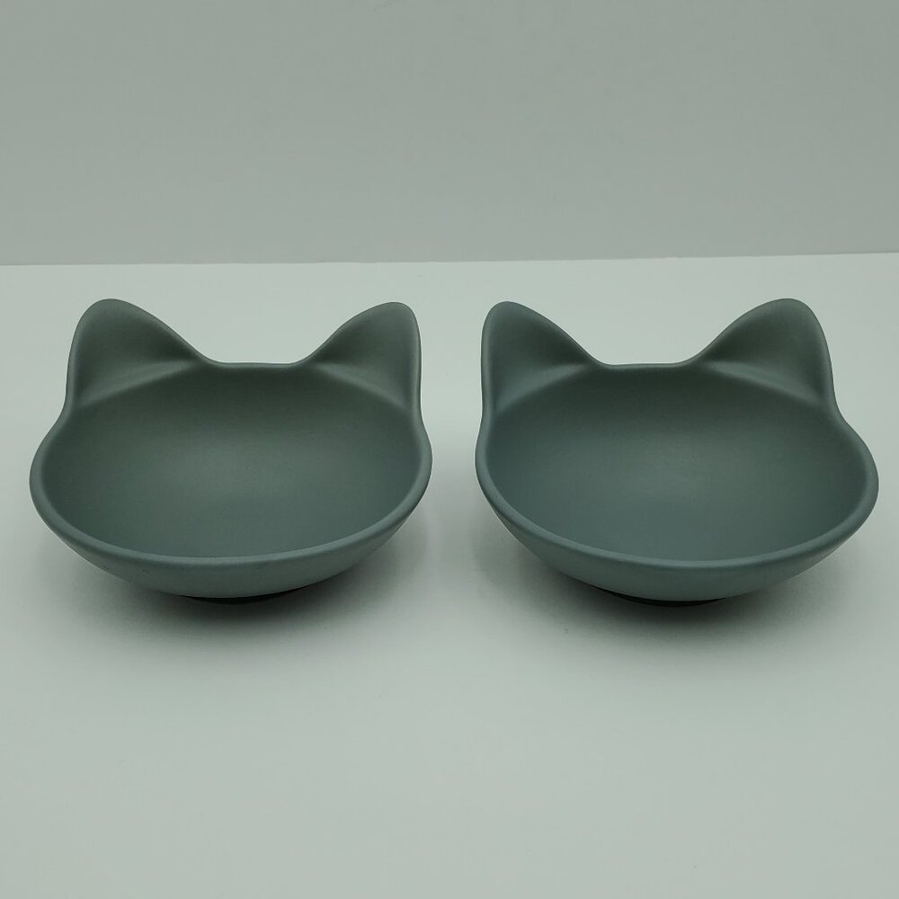 Every Yay Dining In Cat Bowls Gray Stoneware Cat Head Shaped Food Water Dishes